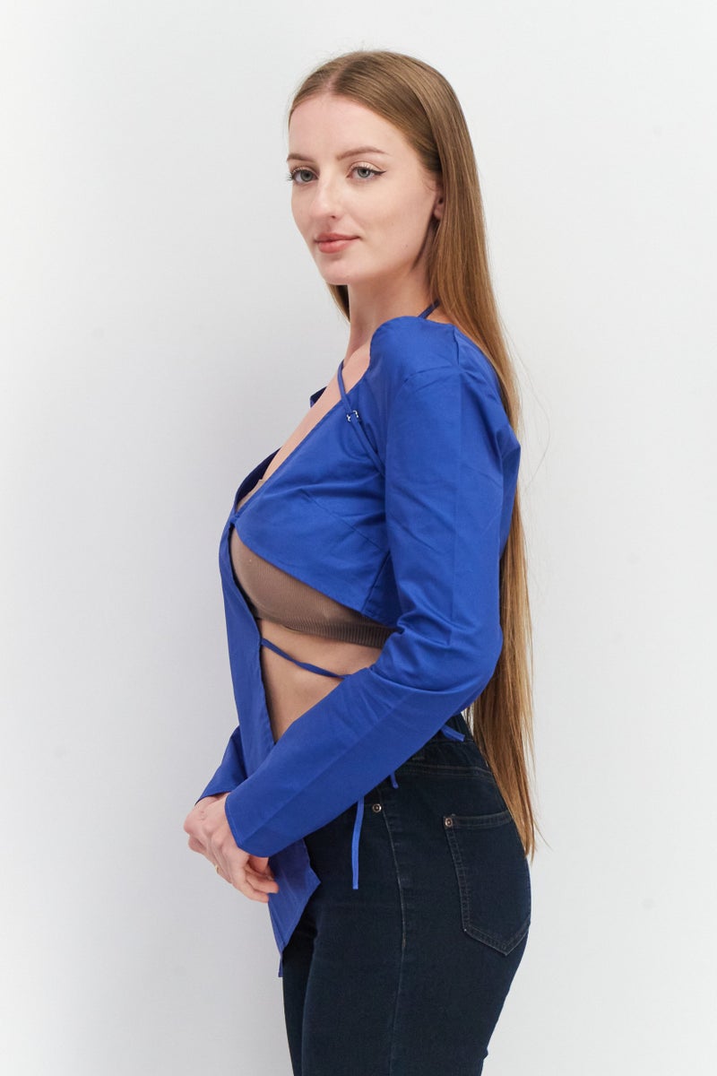 Ego بلوزة نسائية بأكمام طويلة على شكل حرف V، زرقاء - Image 2