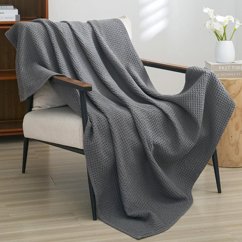 PHF Pre-Washed Cotton Waffle Weave Blanket Throw Size for Couch Bed,Snag Proof Spring Summer Lightweight Breathable,Oeko-TEX Certified,Machine Washable, Home Decor Gift，Charcoal - Image 1