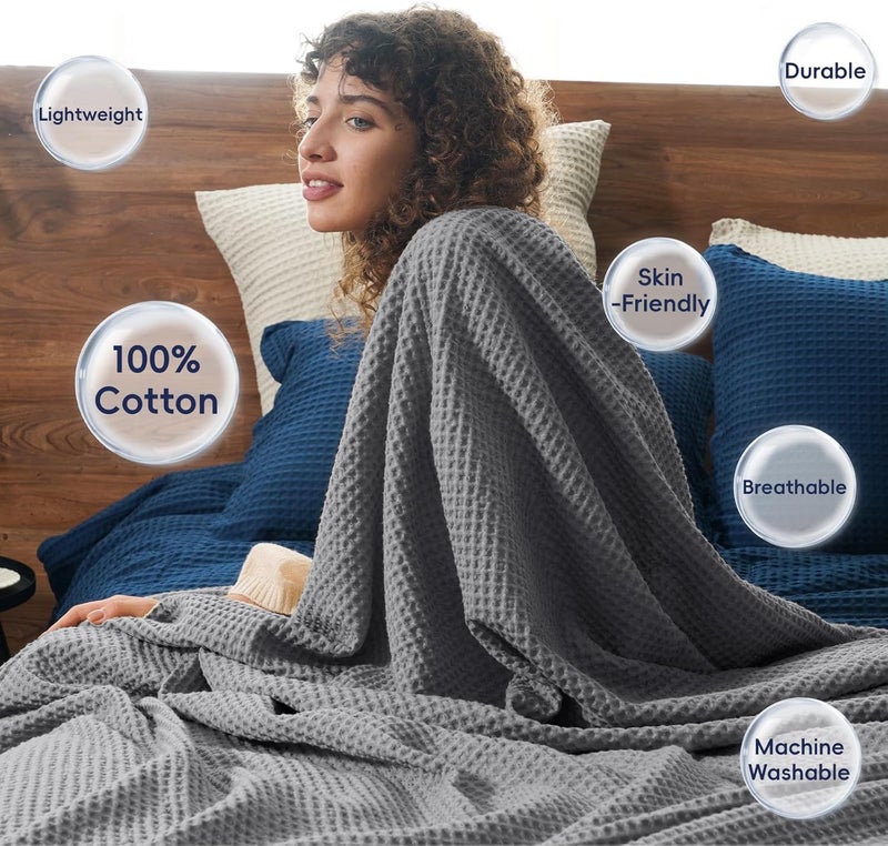 PHF Pre-Washed Cotton Waffle Weave Blanket Throw Size for Couch Bed,Snag Proof Spring Summer Lightweight Breathable,Oeko-TEX Certified,Machine Washable, Home Decor Gift，Charcoal - Image 3