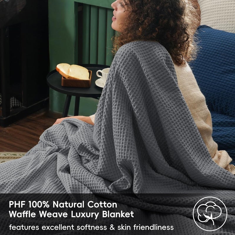 PHF Pre-Washed Cotton Waffle Weave Blanket Throw Size for Couch Bed,Snag Proof Spring Summer Lightweight Breathable,Oeko-TEX Certified,Machine Washable, Home Decor Gift，Charcoal - Image 2