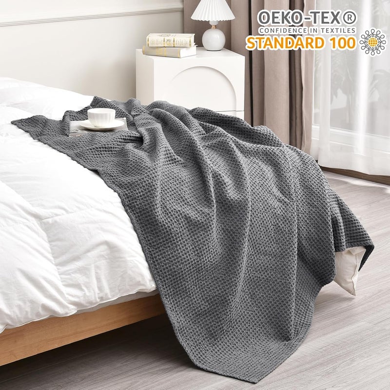 PHF Pre-Washed Cotton Waffle Weave Blanket Throw Size for Couch Bed,Snag Proof Spring Summer Lightweight Breathable,Oeko-TEX Certified,Machine Washable, Home Decor Gift，Charcoal - Image 5