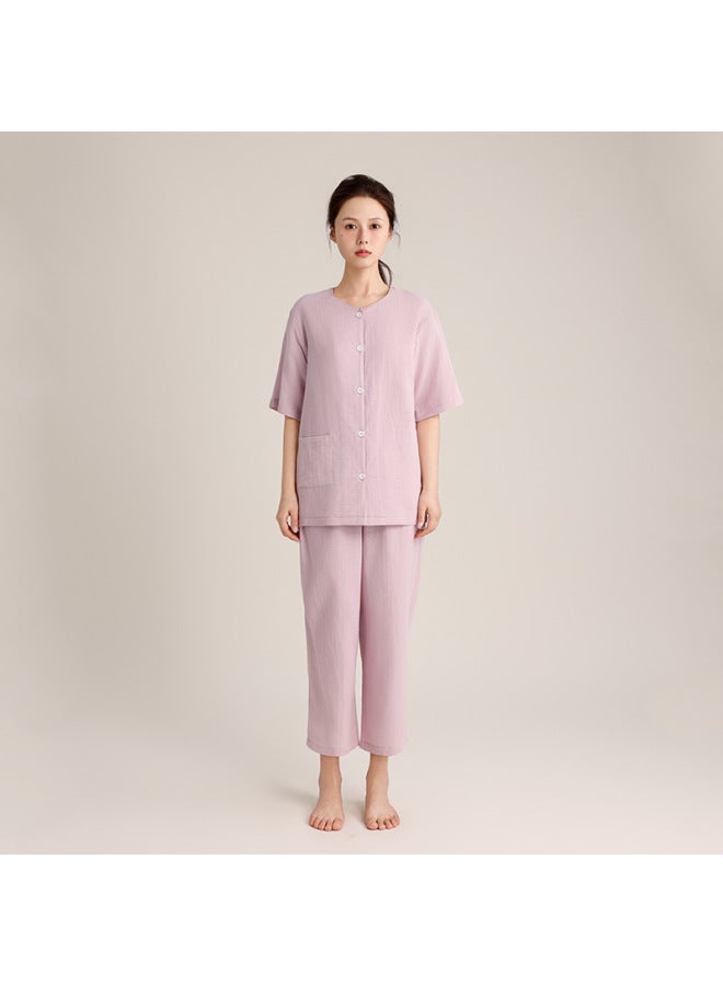 Custom Gauze Loungewear Style Muji Round Neck Cardigan Short Sleeve 9-point Pants Set Pajamas Women Summer All-cotton Soft