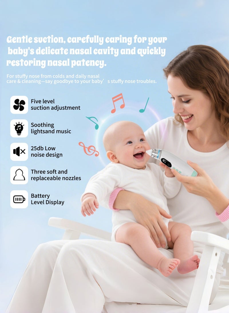 EzzySo Electric Silent Baby Nasal Aspirator with 5-Level Suction Automatic Nose Cleaner With Silicone Nose Tips Music Soothing Function Rechargeable Portable Nasal Aspirators - Image 3