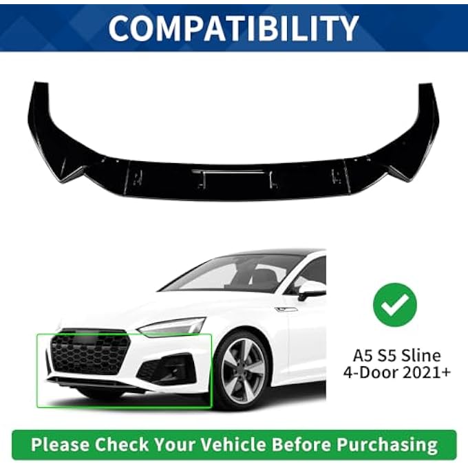 XPHAZZ Front Bumper Lip Compatible with Audi A5 S5 4-Door Sportback (Gloss Black, A5 S5 2021-2024 8W6) - Image 2
