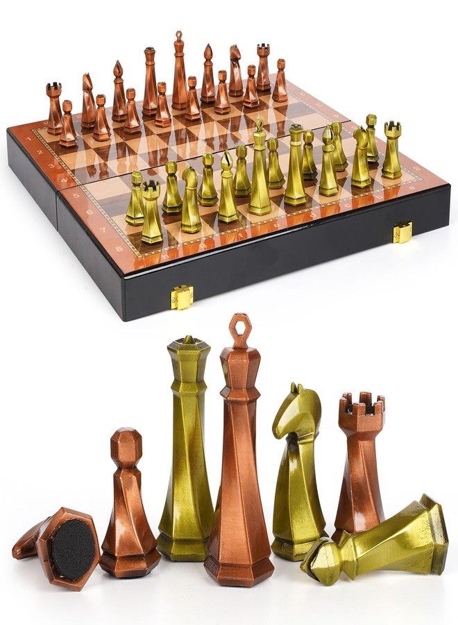 Agirlgle Large Metal Chess Set for Adults - 15" Wooden Chess Board with Metal Chess Pieces Travel Chess Sets with Metal Chessmen - Collectible Elegant Chess Game - Family Vintage Board Game - Image 1