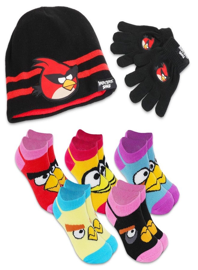 Angry Birds Girls Clothing Set - 5 Pairs of Socks Size 4-6, Winter Hat and Mittens - Image 1