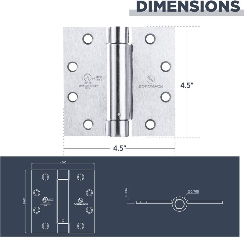 SORGMACH Satin Door Hinges 4.5 Inch Self Closing Hinge Hardware Adjustable Spring Hinges for Commercial Grade Self-Closing, UL Listed 3 Pack - Image 4