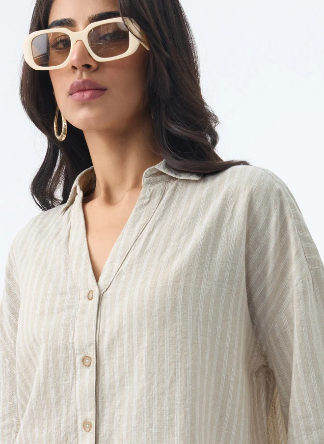 ذا سوليد ستور The Souled Store Women Oversized Fit Stripes Beige Shirt