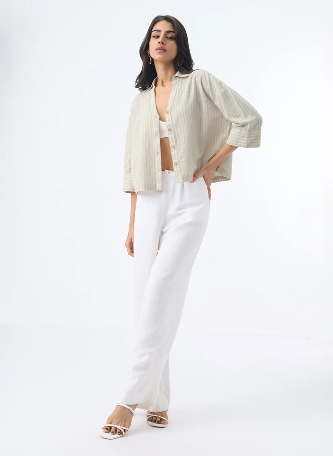 The Souled Store  The Souled Store Women Oversized Fit Stripes Beige Shirt  | Best Price UAE