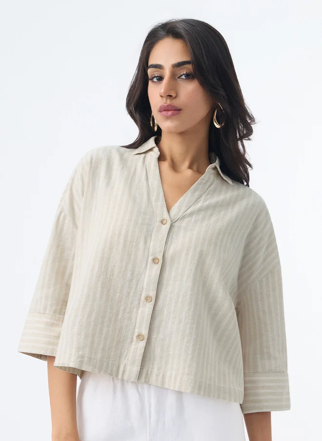 ذا سوليد ستور The Souled Store Women Oversized Fit Stripes Beige Shirt