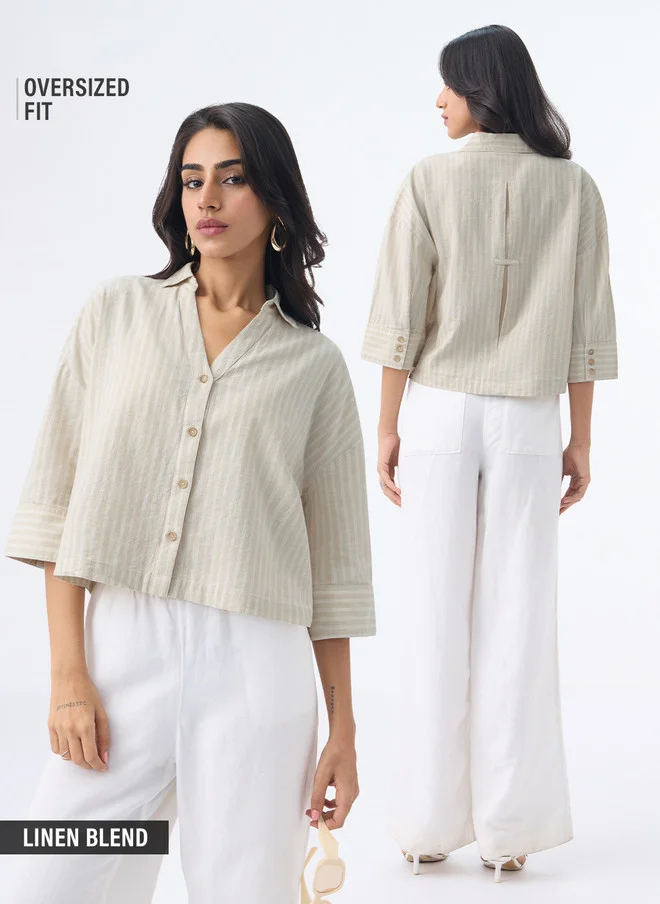 The Souled Store  The Souled Store Women Oversized Fit Stripes Beige Shirt  | Best Price UAE
