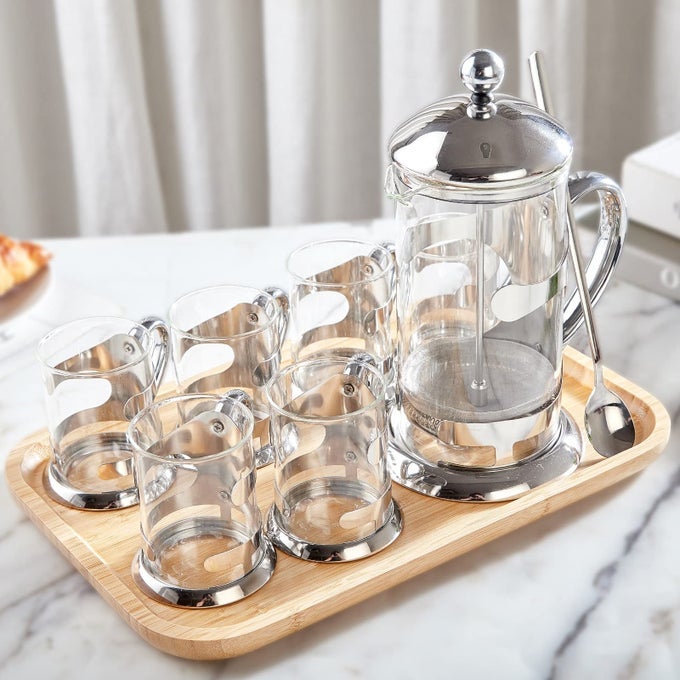 SILVER FRENCH PRESS SET WITH 6 CUPS TRAY LUXURY DESIGN COFFEE MAKER WITH 4LEVEL FILTER SYSTEM HOT COLD RESISTANT GLASS FRENCH COFFEE PRESS SET WELL PACKED HOLIDAY GIFT HOME DCOR