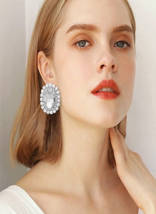 Izpack Delicate Oval Rhinestone Stud Earrings for Women Girls Cubic Zirconia Full of Crystal Statement Studs Earring Sparkling Jewelry Gifts Birthday (Clear CZ) - Image 2
