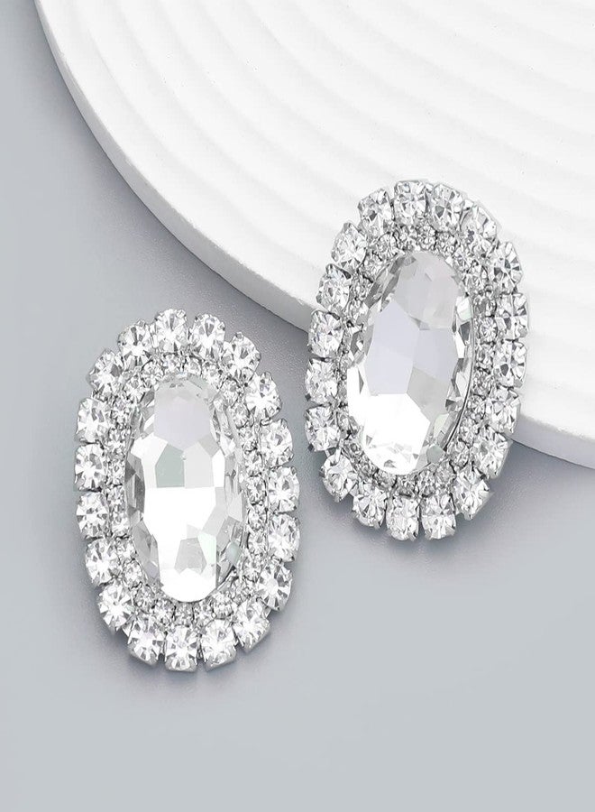 Izpack Delicate Oval Rhinestone Stud Earrings for Women Girls Cubic Zirconia Full of Crystal Statement Studs Earring Sparkling Jewelry Gifts Birthday (Clear CZ) - Image 3