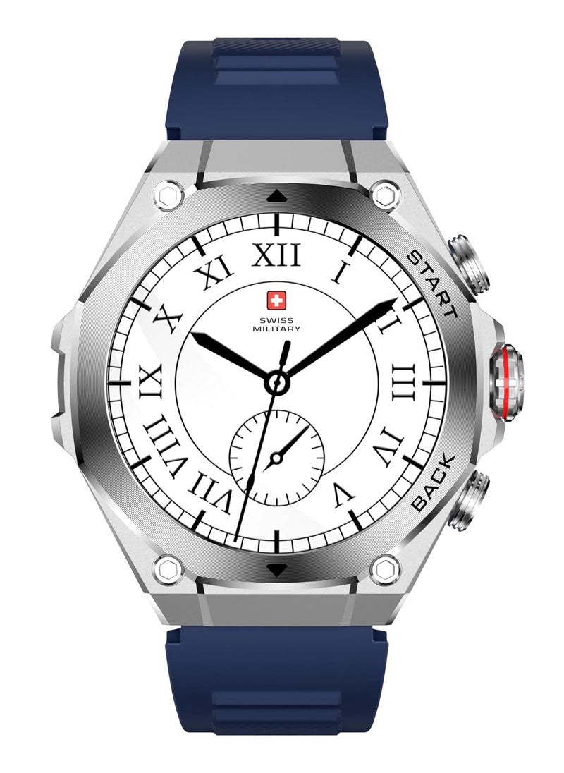 SWISS MILITARY - Swiss Military DOM6 Smartwatch 1.43" AMOLED, Bluetooth Calling, Multi Language, Health & Sports Tracking, Wireless Charging, 7 Days Battery, IP67, iOS/Android Compatible, Silver Frame with Blue Strap - Image 1