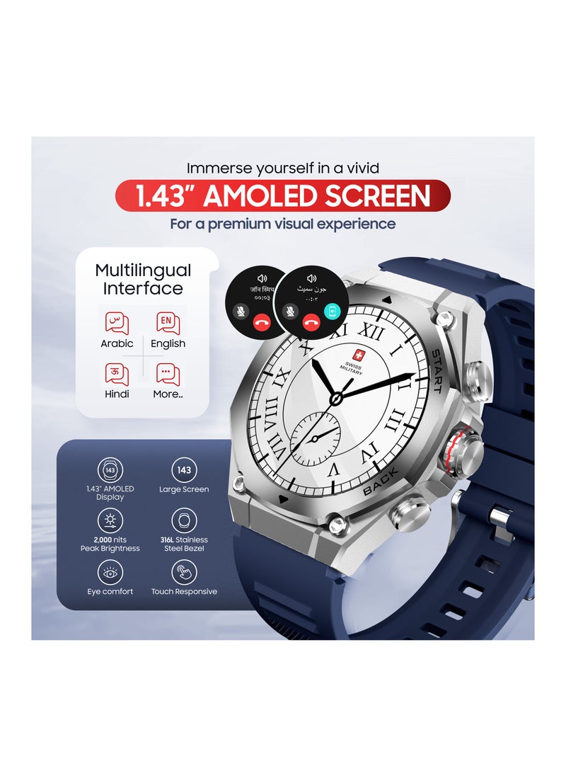 SWISS MILITARY - Swiss Military DOM6 Smartwatch 1.43" AMOLED, Bluetooth Calling, Multi Language, Health & Sports Tracking, Wireless Charging, 7 Days Battery, IP67, iOS/Android Compatible, Silver Frame with Blue Strap - Image 1