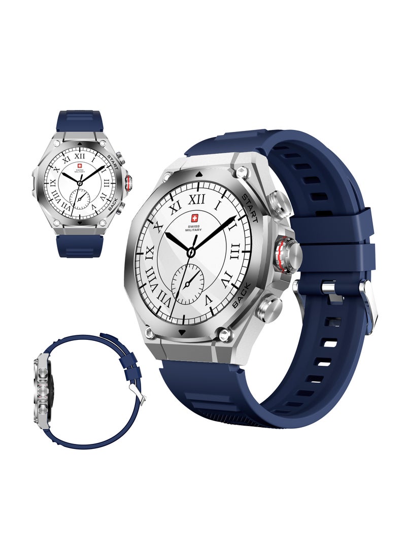 SWISS MILITARY - Swiss Military DOM6 Smartwatch 1.43" AMOLED, Bluetooth Calling, Multi Language, Health & Sports Tracking, Wireless Charging, 7 Days Battery, IP67, iOS/Android Compatible, Silver Frame with Blue Strap - Image 1