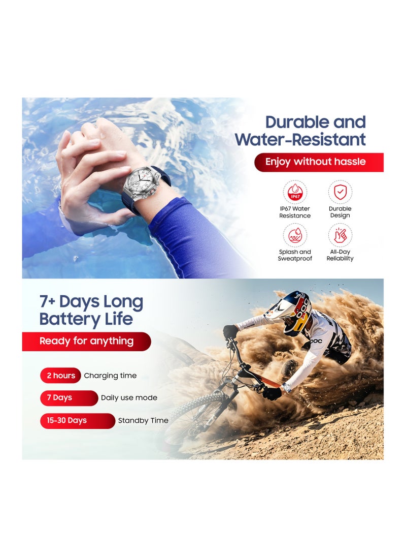 SWISS MILITARY - Swiss Military DOM6 Smartwatch 1.43" AMOLED, Bluetooth Calling, Multi Language, Health & Sports Tracking, Wireless Charging, 7 Days Battery, IP67, iOS/Android Compatible, Silver Frame with Blue Strap - Image 1