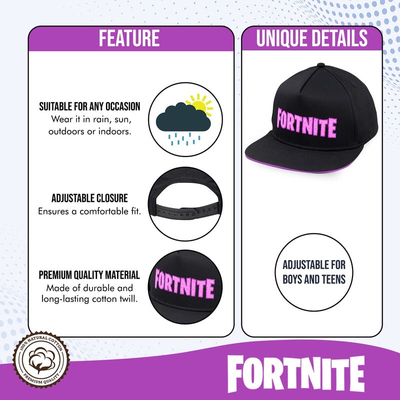 FORTNITE قبعة بيسبول فورتنايت للأولاد، قبعة مصنوعة بجودة عالية وقبعة ملائمة، قبعة بيسبول فورتنايت بحافة مسطحة بتصميم أنيق - Image 2