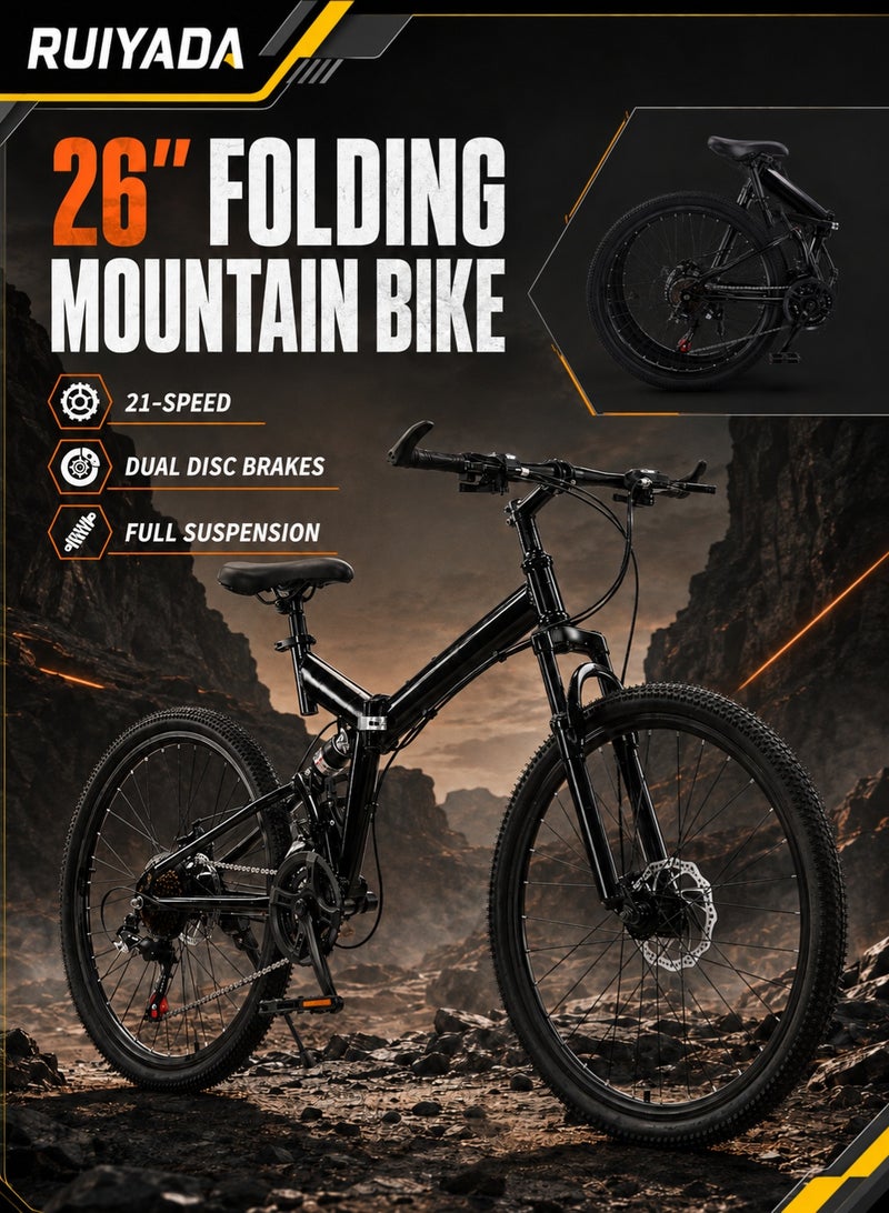 RUIYADA 26 Inch Folding Mountain Bike, 21 Speed Full Suspension Foldable Mountain Bicycle with Dual Disc Brake, High Carbon Steel Frame Portable Off‑Road Bike, Adult Fold‑up Cycling Bicycle for Outdoor Mountain Riding Urban Commuter Daily Travel - Image 1