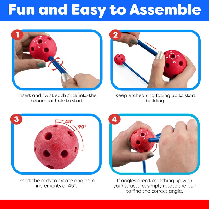 Power Your Fun Fun Forts Kids Tent - 81 Pack Fort Building STEM Toys Kit, Construction Toys Play Tent Indoor and Outdoor Playhouse for Kids with 53 Rods and 28 Spheres (Red, Blue) - Image 4