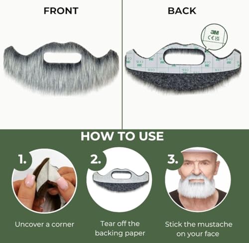 Mustaches Self Adhesive, Novelty, Short Boxed Fake Beard, False Facial Hair, Costume Accessory for Adults, Gray with White Color - Image 5