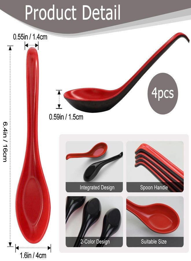 SONGZIMING 4PCS Asian Soup Spoons, Chinese Japanese Miso Ramen Wonton Dumpling Pho Rice Noodle Soba Soup Spoons, Red and Black Melamine Spoons - Image 2