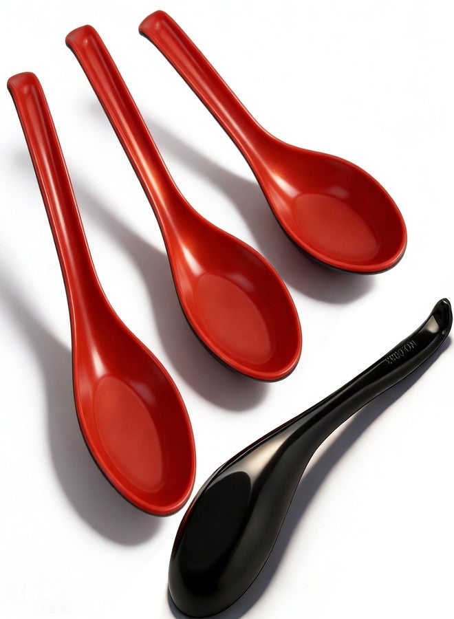SONGZIMING 4PCS Asian Soup Spoons, Chinese Japanese Miso Ramen Wonton Dumpling Pho Rice Noodle Soba Soup Spoons, Red and Black Melamine Spoons - Image 1