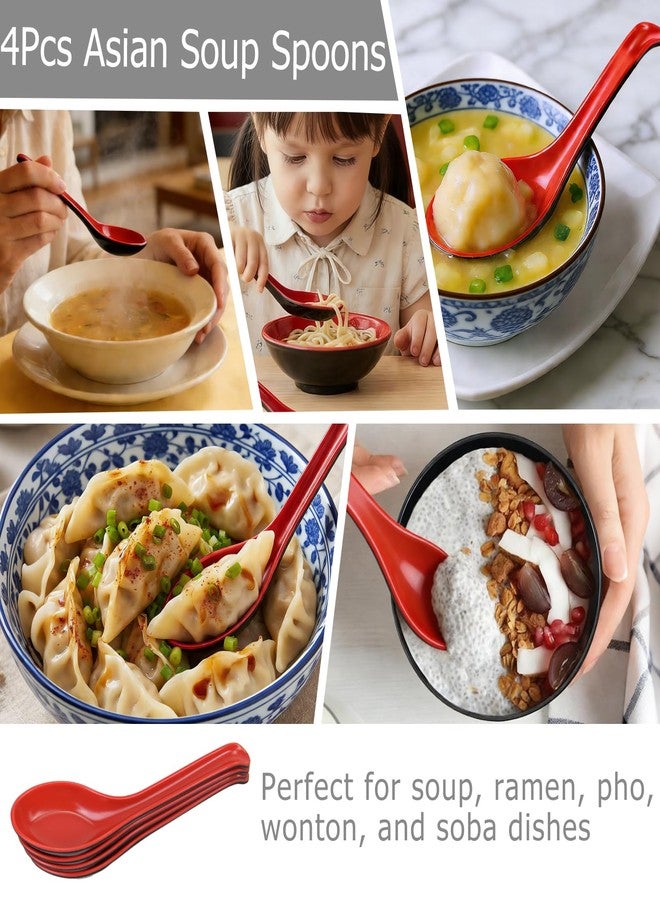 SONGZIMING 4PCS Asian Soup Spoons, Chinese Japanese Miso Ramen Wonton Dumpling Pho Rice Noodle Soba Soup Spoons, Red and Black Melamine Spoons - Image 5