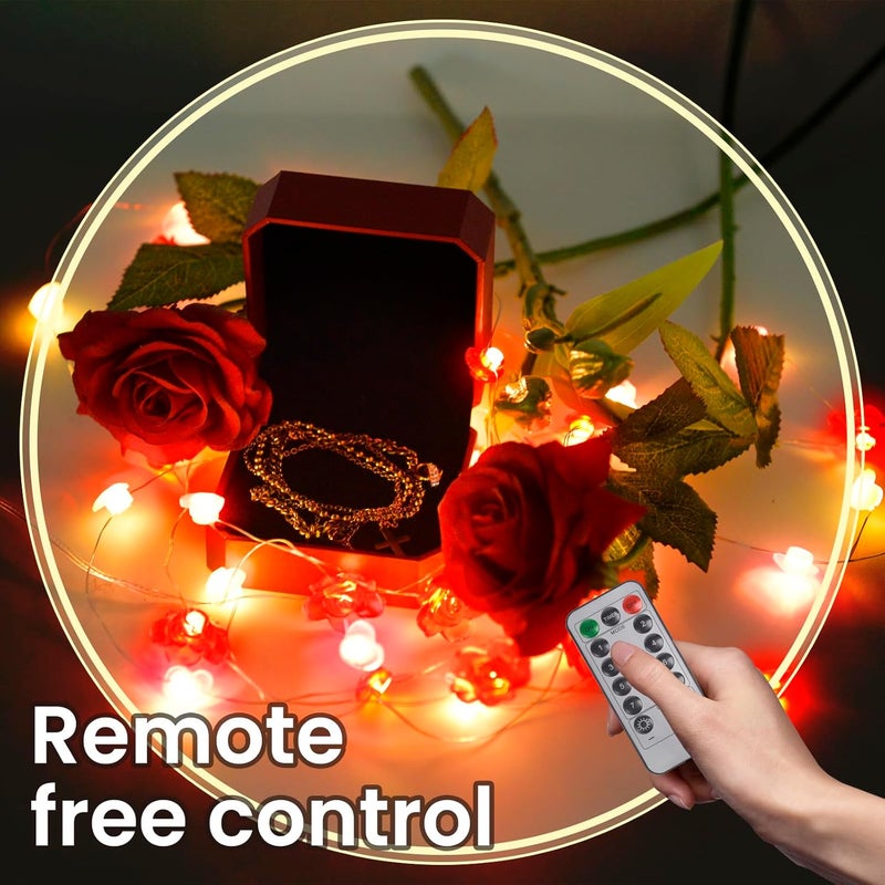 QZUnique أضواء خيط قلب الورد QZUnique 13 قدم 40 LED مع تحكم عن بعد تعمل بالبطارية لتزيين يوم عيد الحب للداخل والخارج للمنزل والحفلات وغرفة النوم ويوم الأم باللون الأحمر والوردي والأبيض - Image 4