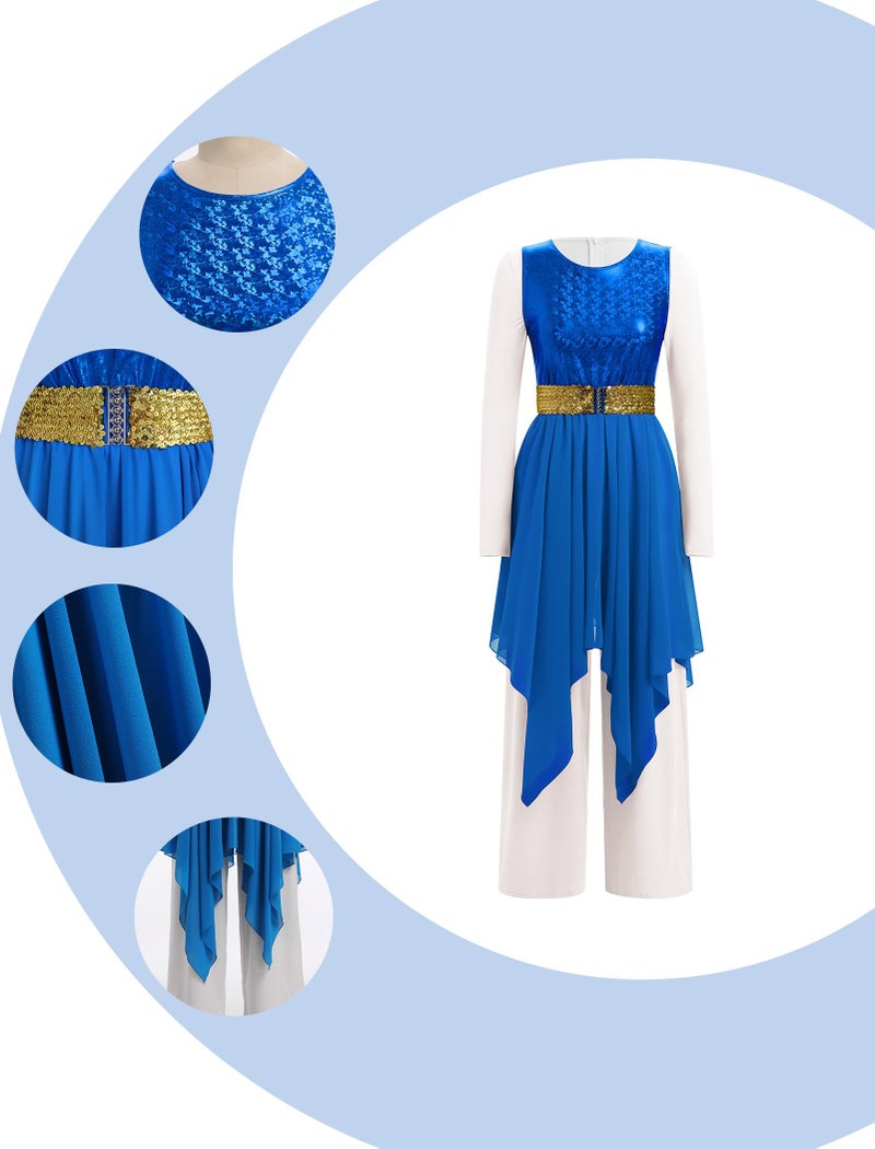 AFAVOM Praise Dance Dresses for Women Metallic Sequin Asymmetric Ruffle Chiffon Overlay Dress + Wide Leg Dance Pants Jumpsuit + Belt 3PCS Full Length Worship Liturgical Dancewear Costume Royal Blue M - Image 4