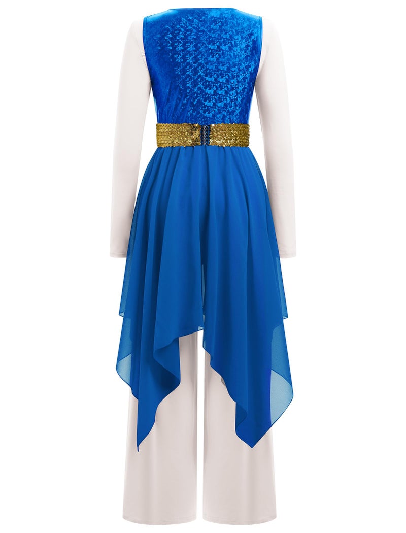 AFAVOM Praise Dance Dresses for Women Metallic Sequin Asymmetric Ruffle Chiffon Overlay Dress + Wide Leg Dance Pants Jumpsuit + Belt 3PCS Full Length Worship Liturgical Dancewear Costume Royal Blue M - Image 2