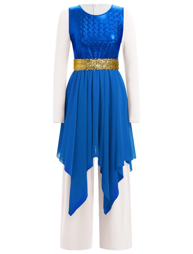 AFAVOM Praise Dance Dresses for Women Metallic Sequin Asymmetric Ruffle Chiffon Overlay Dress + Wide Leg Dance Pants Jumpsuit + Belt 3PCS Full Length Worship Liturgical Dancewear Costume Royal Blue M - Image 1