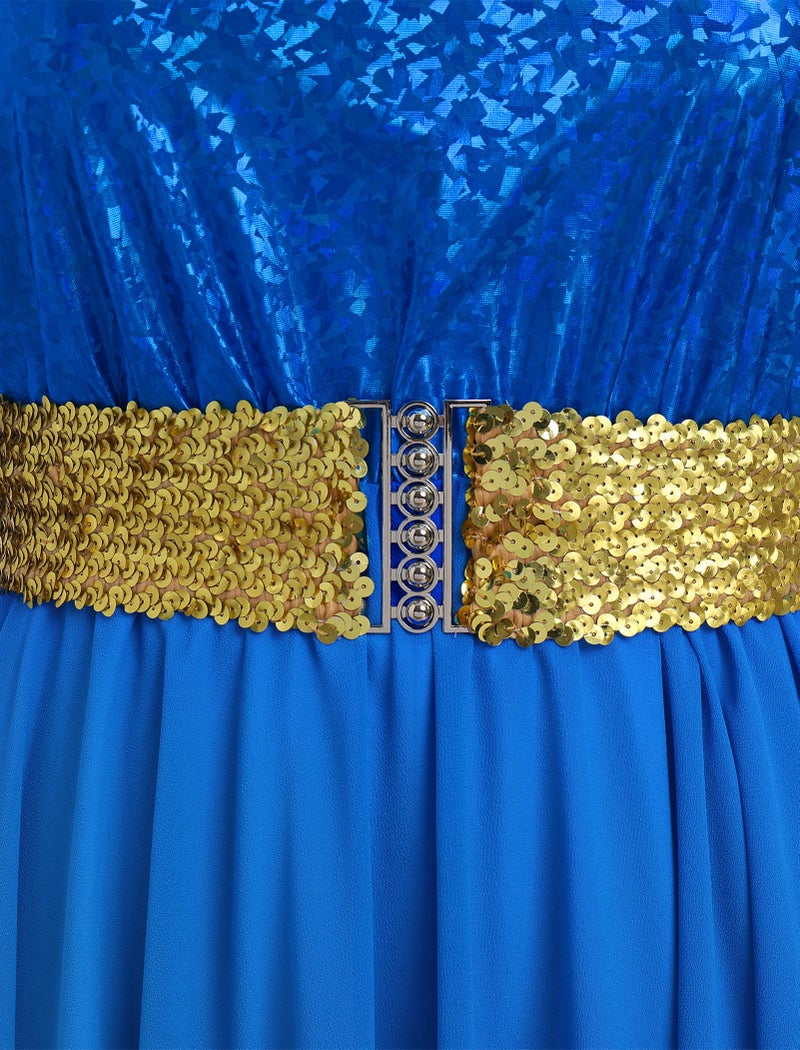 AFAVOM Praise Dance Dresses for Women Metallic Sequin Asymmetric Ruffle Chiffon Overlay Dress + Wide Leg Dance Pants Jumpsuit + Belt 3PCS Full Length Worship Liturgical Dancewear Costume Royal Blue M - Image 5