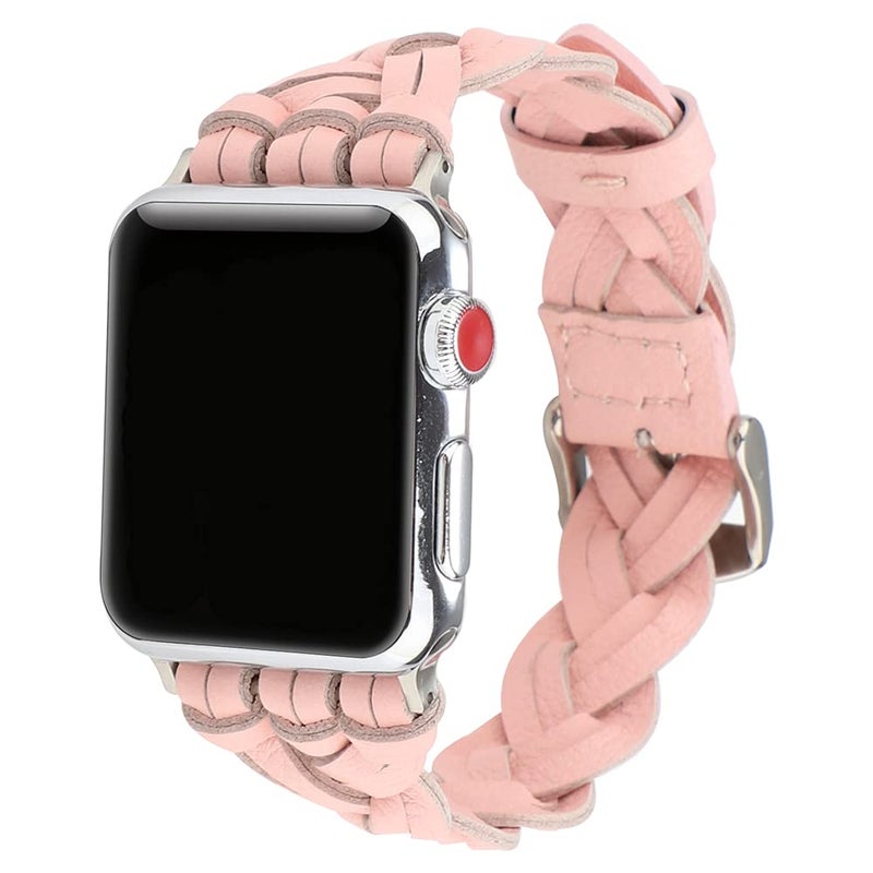 FITTO Top Grain Braided Leather Apple Watch Band 42/44mm – Premium Strap for Series SE/7/6/5/4/3/2/1 (Pink) - Image 2