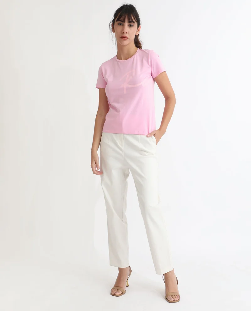 Rareism Women's Minimalist R Graphic Round Neck T-Shirt