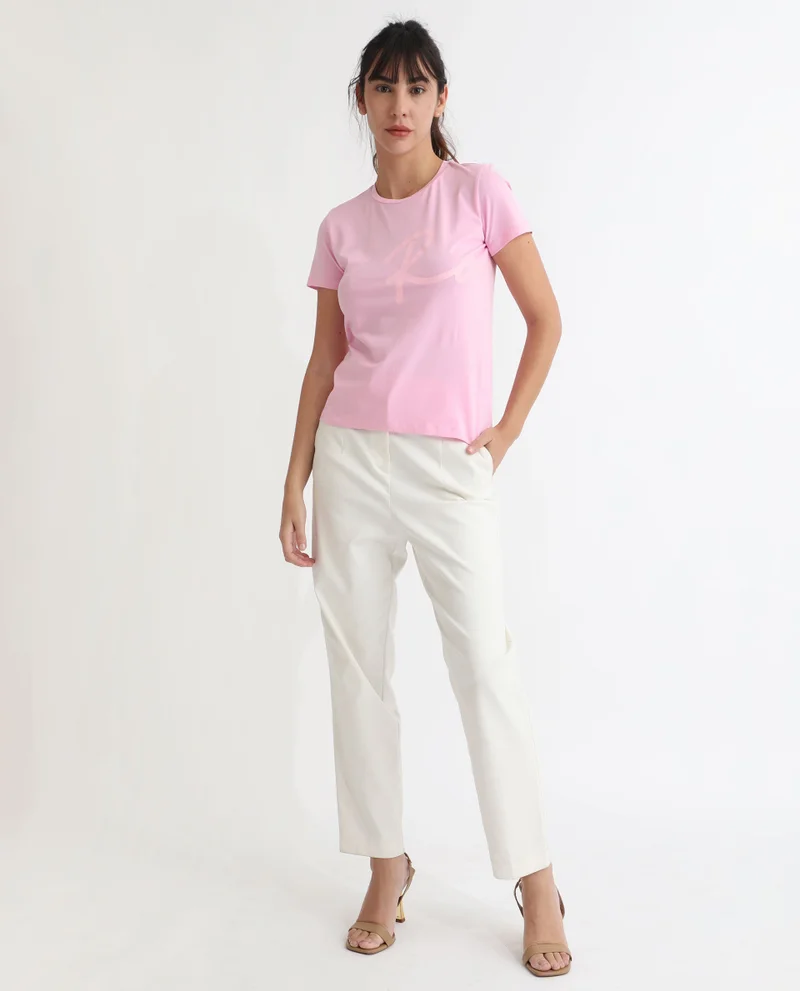 Rareism Women's Minimalist R Graphic Round Neck T-Shirt