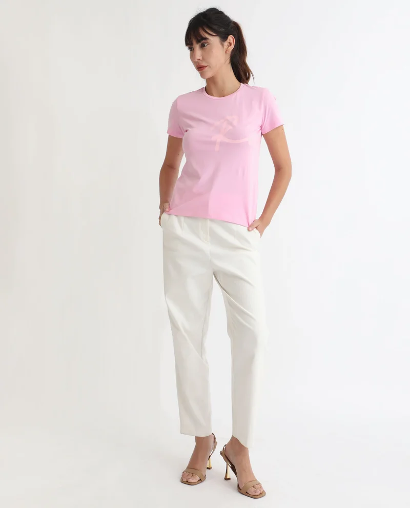 Rareism Women's Minimalist R Graphic Round Neck T-Shirt