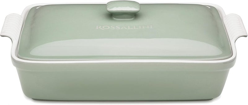 ROSSALLINI طقم أطباق كسرولة من الحجر مع غطاء، أدوات مائدة مستطيلة مغطاة، سعة كبيرة 3.2 لتر، 11 × 9 بوصة، أخضر سالفيا [أخضر مريمية] - Image 1