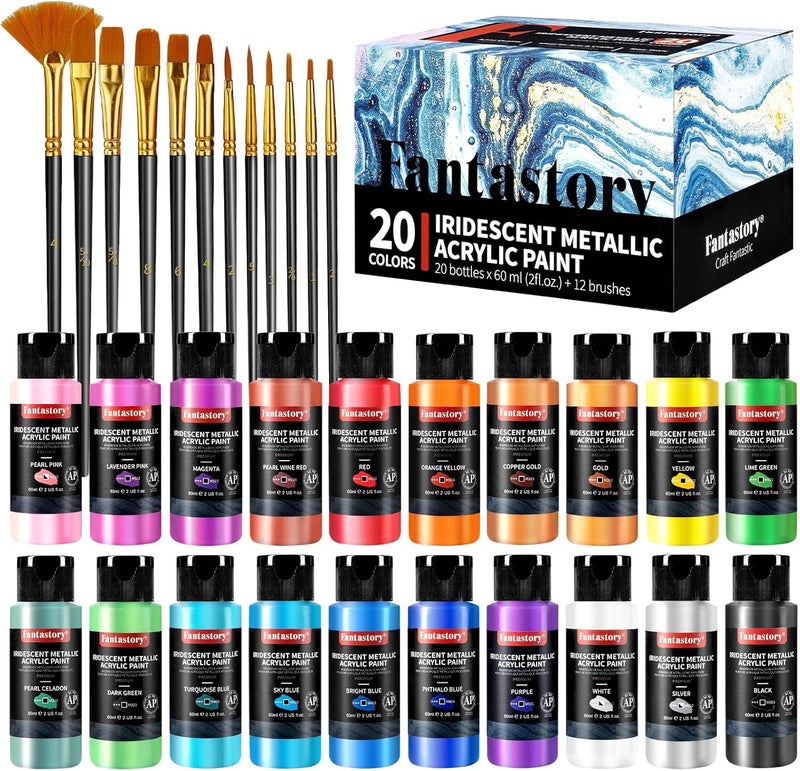 Fantastory Metallic Iridescent Acrylic Paint Set with 12 Brushes, 20 x 2oz Metallic Colors, Color-Shifting, Craft Paint Kit, Metal/Canvas/Rock/Stone/Ceramic/Model/Wood Painting [Professional Series] - Image 1