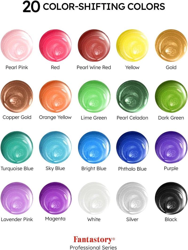 Fantastory Metallic Iridescent Acrylic Paint Set with 12 Brushes, 20 x 2oz Metallic Colors, Color-Shifting, Craft Paint Kit, Metal/Canvas/Rock/Stone/Ceramic/Model/Wood Painting [Professional Series] - Image 2