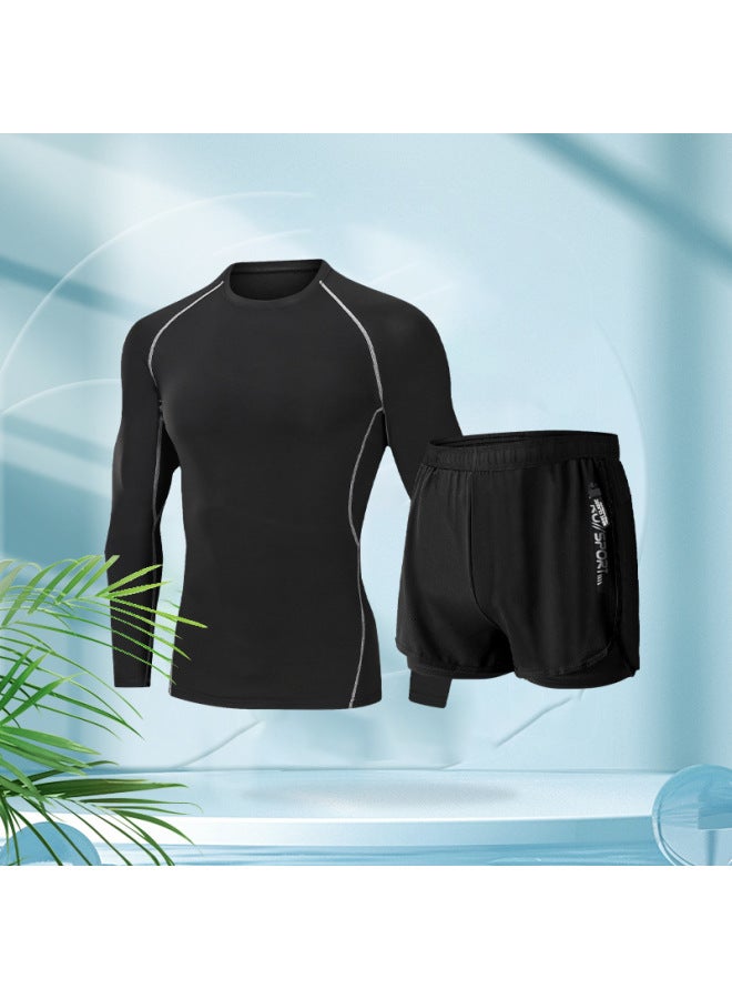 Loquat Swimwear Men's Summer Tight Quick-drying Clothes Ice Silk Sports Top Long-sleeved Double-layer Breathable Sunscreen Upper Body Swimsuit-Color:Hot Spring Two-Piece Set 【Sky Clear】 Long Sleeve- - Image 1