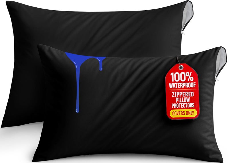 Utopia Bedding Waterproof Pillow Protectors Zippered King Size 2 Pack Black Zippered Pillowcases Bed Bug Proof Pillow Encasement Covers 20 x 38 Inches