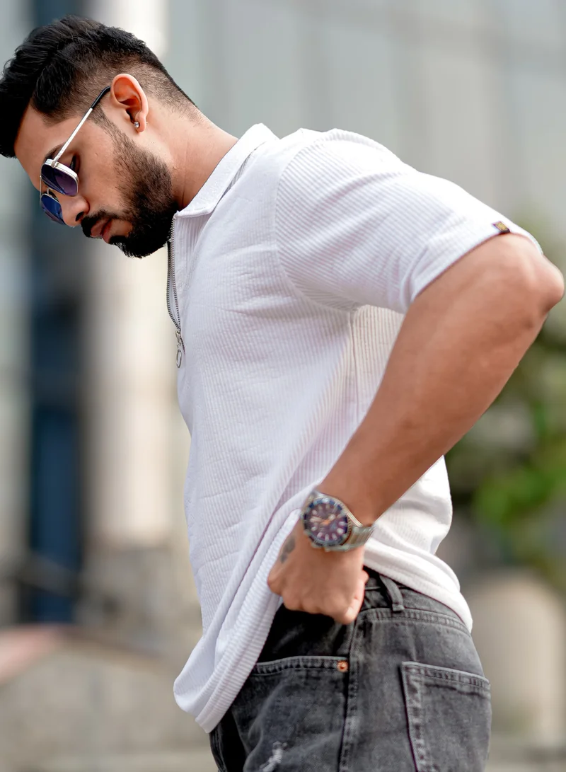 Maniac Maniac Mens Solid Polo Neck 3/4th Sleeve White Half Zipper Poly Cotton Polo T-Shirt