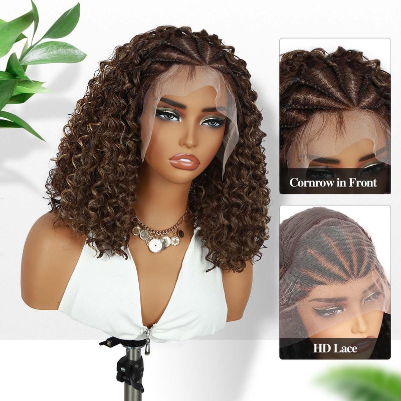 Fancy Hair Braided Wig Cornrow with Curly Hair Wig HD Lace Front Wig with Baby Hair Pre Plucked Glueless Transparent 13x4 Inch Brown Mixed Blonde Wig for Black Women - Image 3