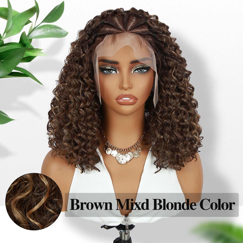 Fancy Hair Braided Wig Cornrow with Curly Hair Wig HD Lace Front Wig with Baby Hair Pre Plucked Glueless Transparent 13x4 Inch Brown Mixed Blonde Wig for Black Women - Image 2