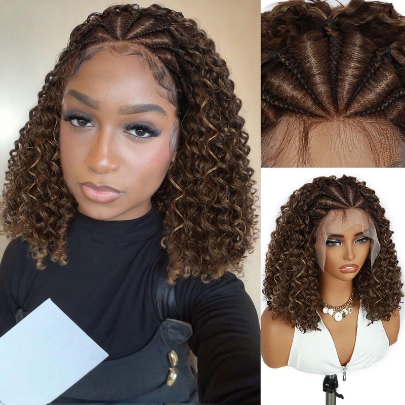 Fancy Hair Braided Wig Cornrow with Curly Hair Wig HD Lace Front Wig with Baby Hair Pre Plucked Glueless Transparent 13x4 Inch Brown Mixed Blonde Wig for Black Women - Image 1