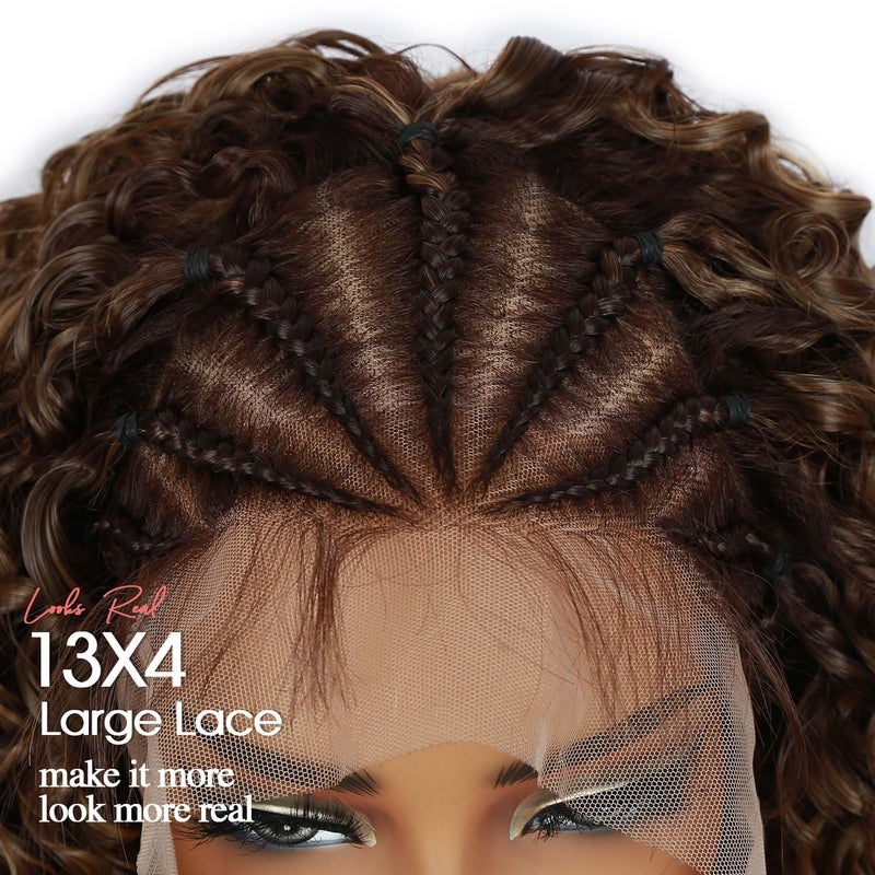 Fancy Hair Braided Wig Cornrow with Curly Hair Wig HD Lace Front Wig with Baby Hair Pre Plucked Glueless Transparent 13x4 Inch Brown Mixed Blonde Wig for Black Women - Image 4