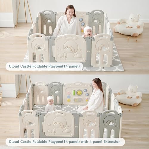 Fortella Cloud Castle Foldable Playpen, Baby Safety Play Yard with Whiteboard and Activity Wall, Indoors or Outdoors (Gray 4-Panel Extension) - Image 2