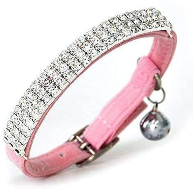 CHUKCHI Soft Velvet Safe Cat Adjustable Collar Bling Diamante with Bells,11 inch for Small Dogs and Cats (Pink) - Image 1